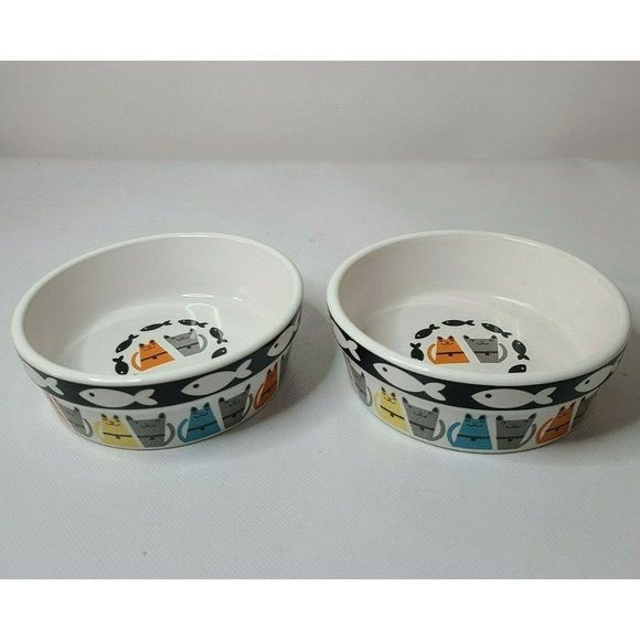 Stoneware Other - 𝅺Stoneware Cat Food Water Bowl Feeding Dishes Set Of 2 Cat And Fish Pattern